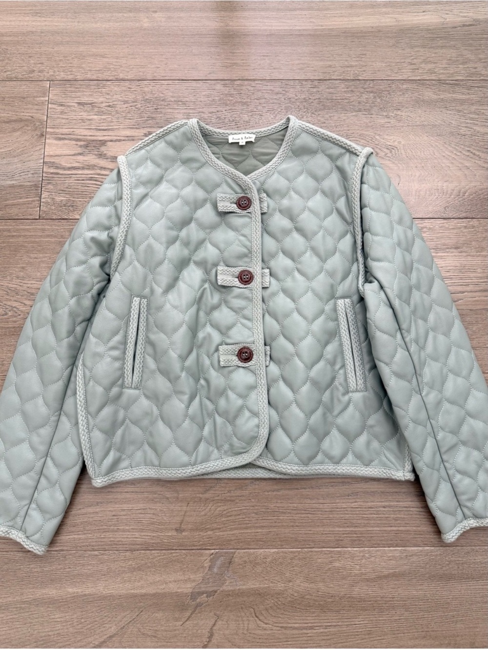 Aaron & Amber Quilted Faux Leather Oversized Collarless Jacket Green Small - Picture 3 of 13